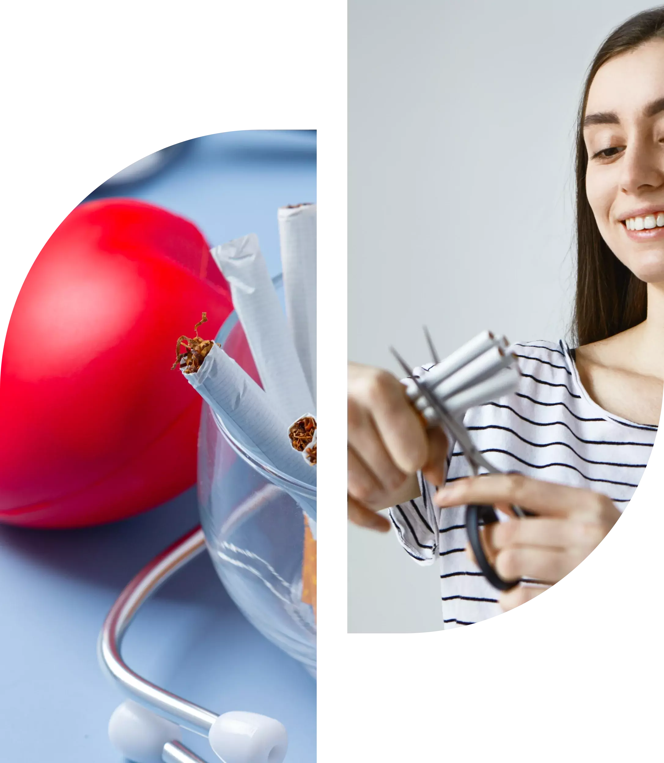 A stethoscope and broken cigarettes next to an apple on the left; a smiling woman in a striped shirt using a caliper on the right.