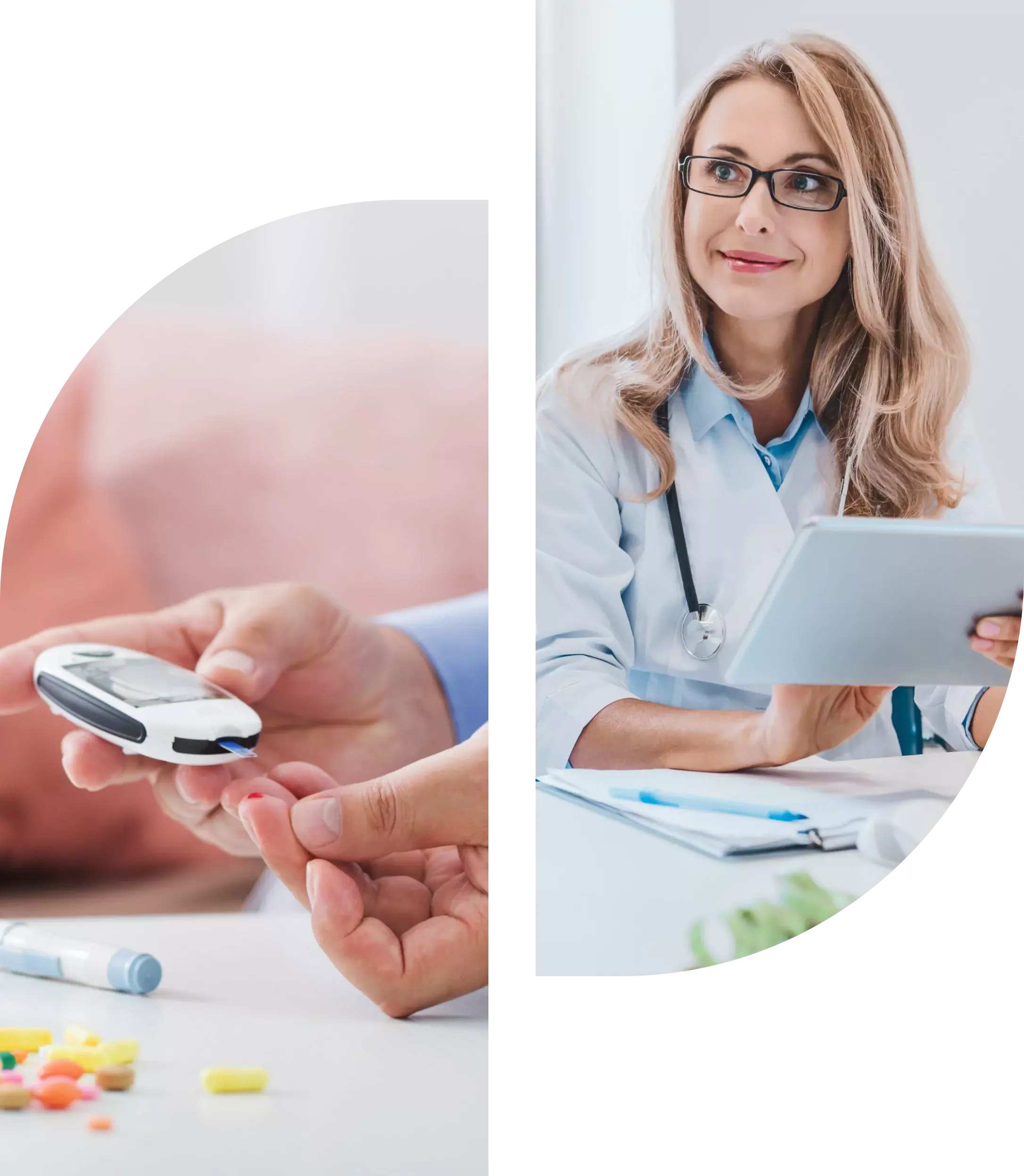 A person uses a glucometer, while a healthcare professional with a tablet looks on.