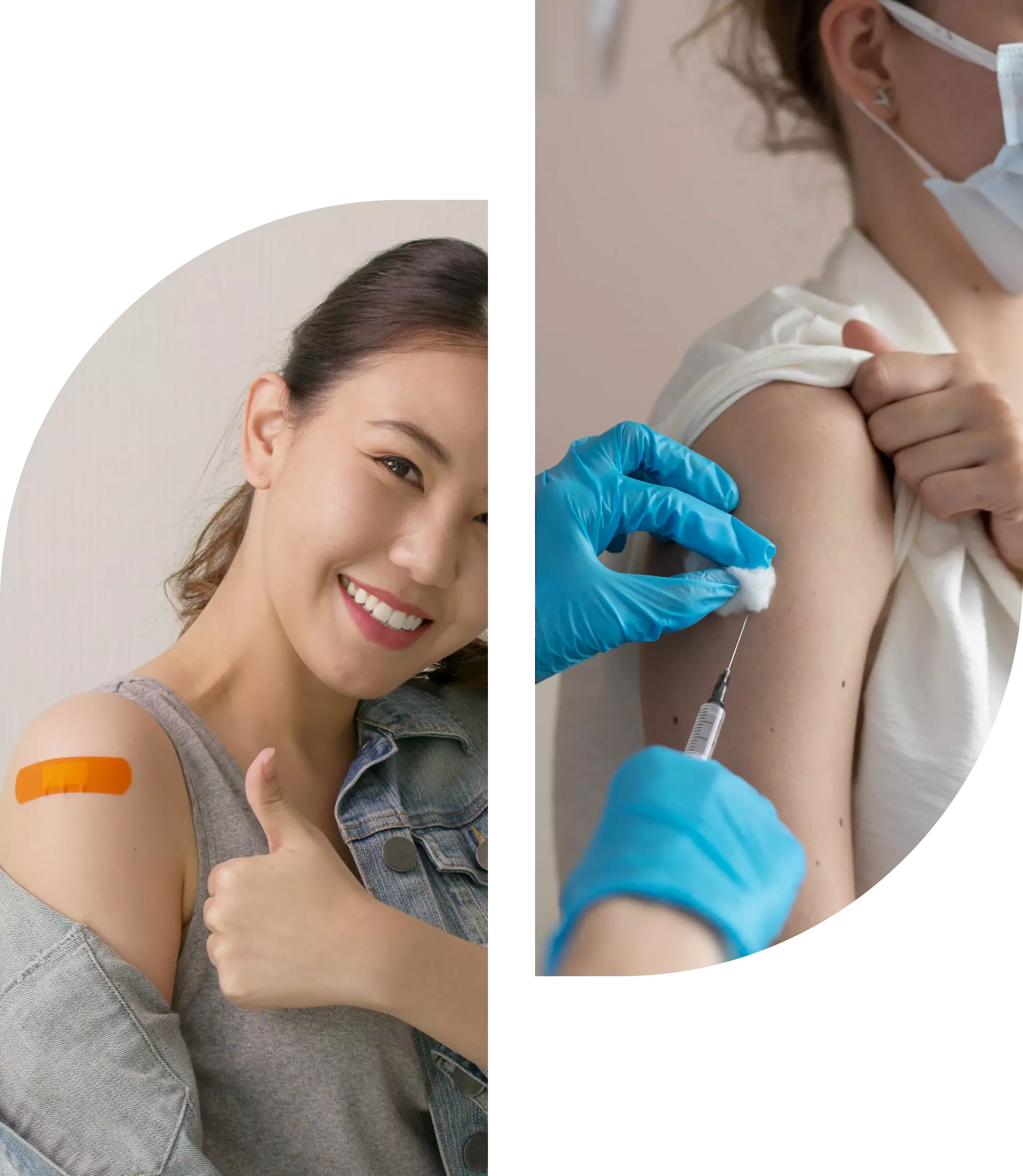A woman smiles and gives a thumbs-up, showing an arm with a bandage. Another image shows a healthcare professional preparing to administer a vaccine to a woman's arm.